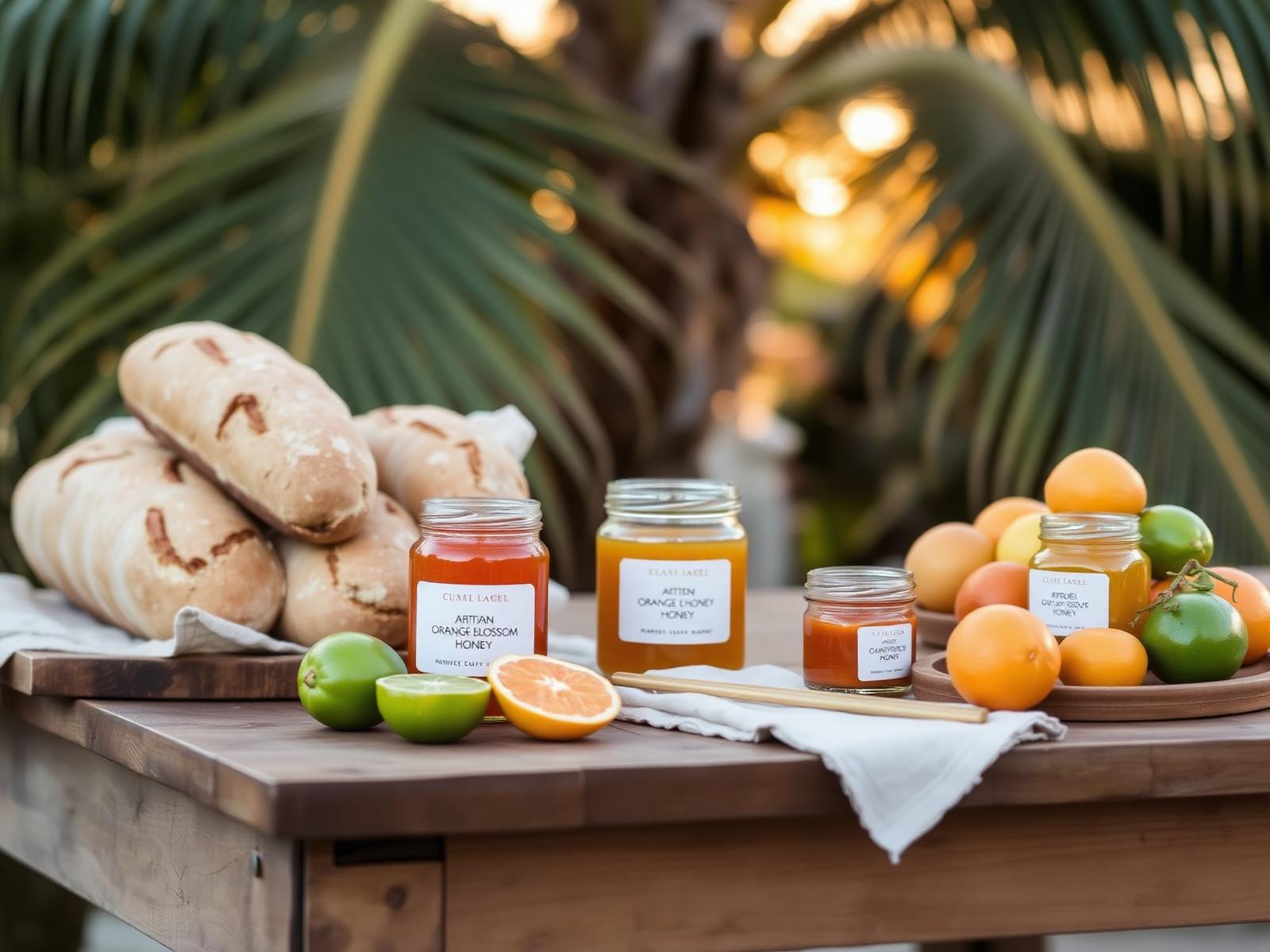 Florida farmers market table with artisan bread, honey, and tropical fruit at golden hour